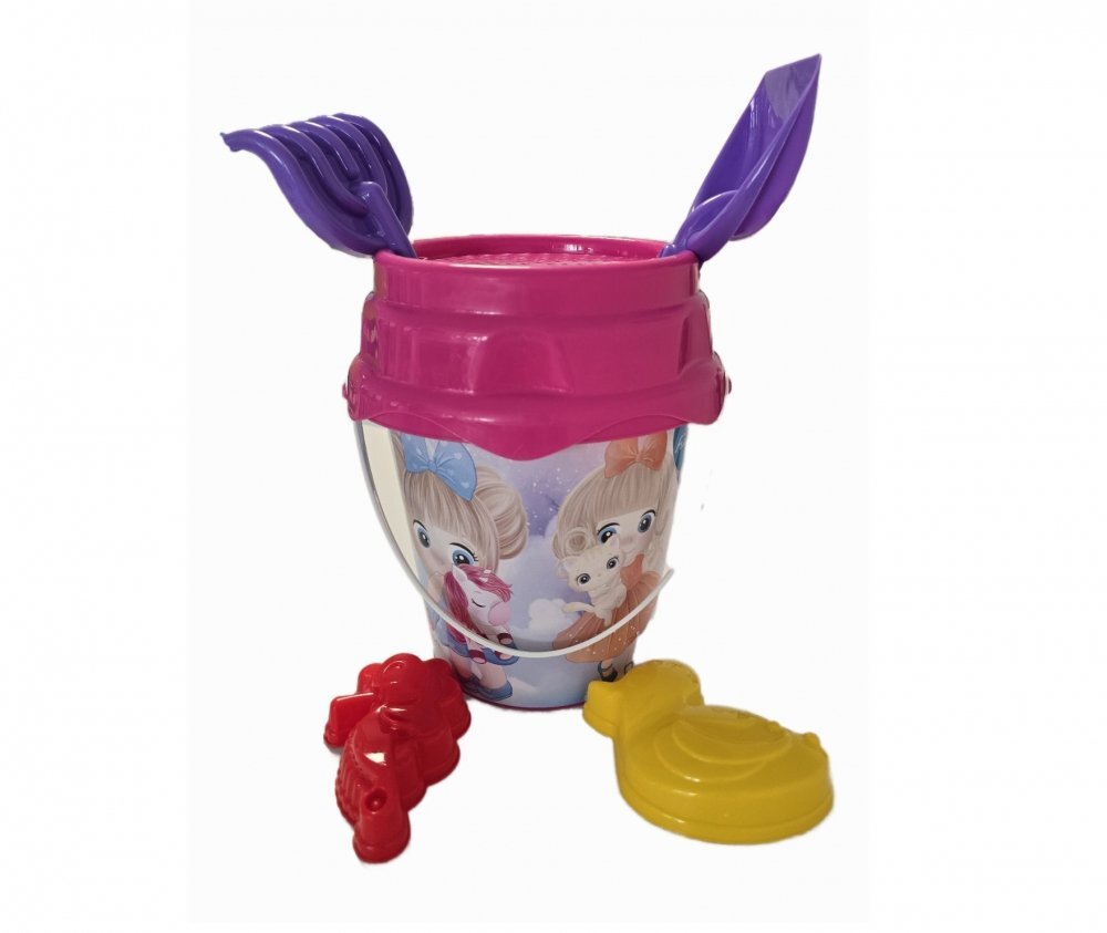 Burak Toys Set 6 jucarii de nisip pentru copii BurakToys cu galetusa lopatica grebla sita si 2 forme Desene Multicolor