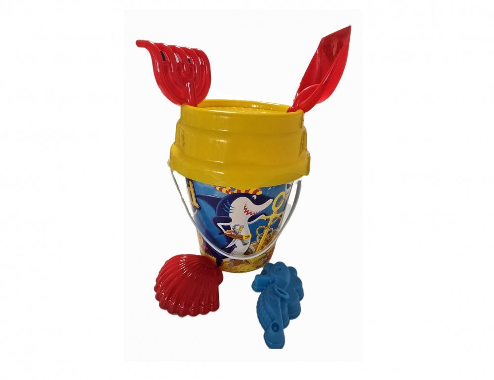 Burak Toys Set 6 jucarii de nisip pentru copii BurakToys cu galetusa lopatica grebla sita si 2 forme Desene Multicolor