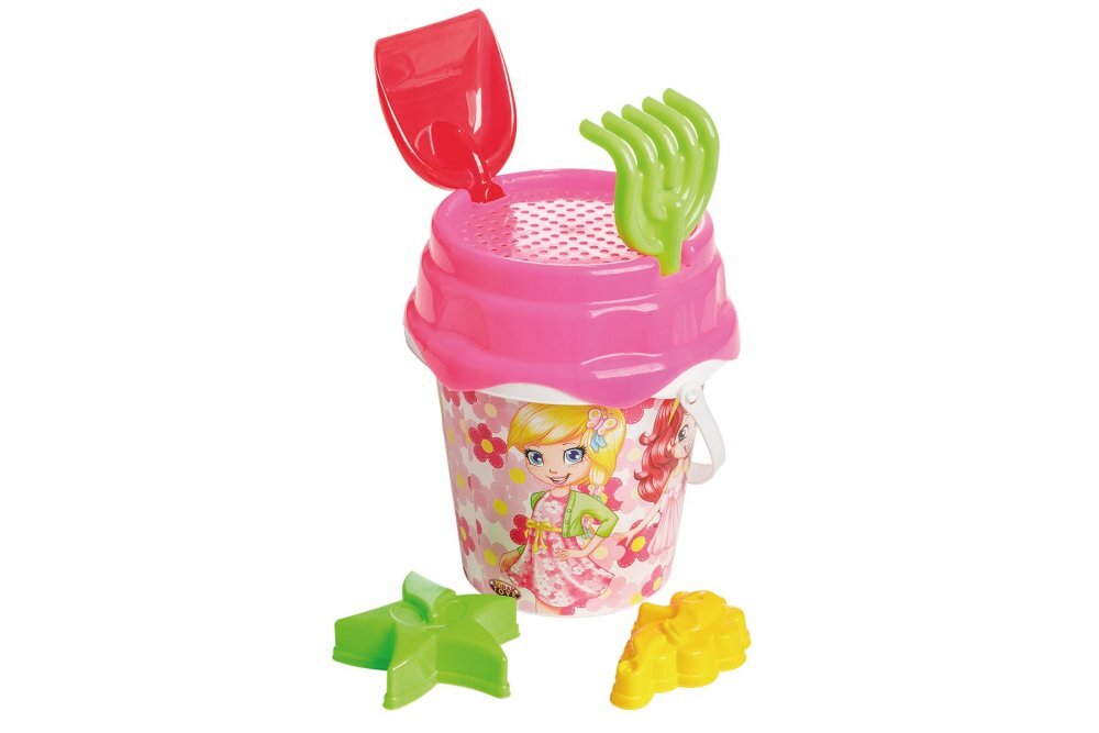 Burak Toys Set 6 jucarii de nisip pentru copii BurakToys cu galetusa lopatica grebla sita si 2 forme Desene Multicolor