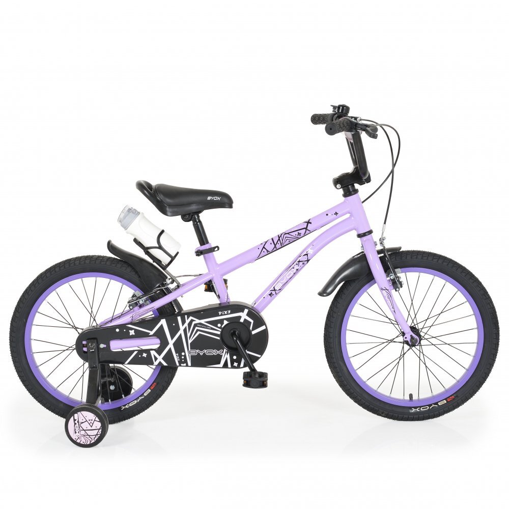 Byox Bicicleta copii cu roti ajutatoare Pixy Violet 18 inch varsta 5-7 ani frana de mana pe ambele roti clopotel pe ghidon scaun reglabil pe inaltime