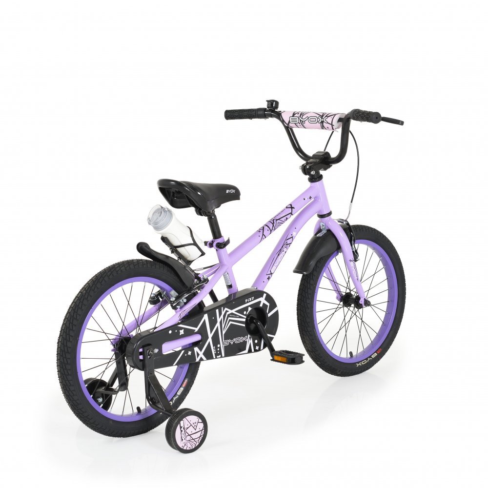 Byox Bicicleta copii cu roti ajutatoare Pixy Violet 18 inch varsta 5-7 ani frana de mana pe ambele roti clopotel pe ghidon scaun reglabil pe inaltime