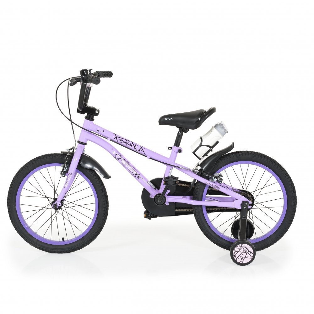 Byox Bicicleta copii cu roti ajutatoare Pixy Violet 18 inch varsta 5-7 ani frana de mana pe ambele roti clopotel pe ghidon scaun reglabil pe inaltime
