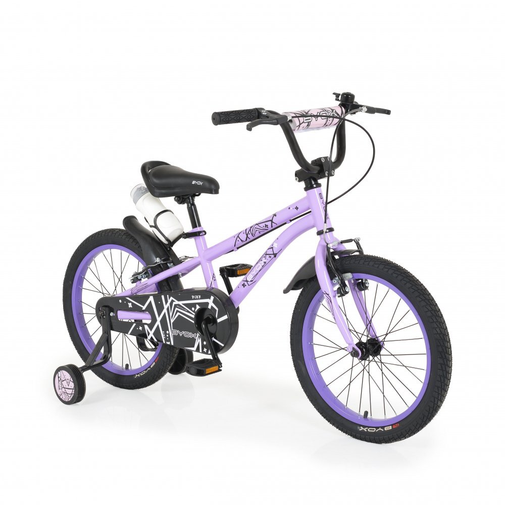 Byox Bicicleta copii cu roti ajutatoare Pixy Violet 18 inch varsta 5-7 ani frana de mana pe ambele roti clopotel pe ghidon scaun reglabil pe inaltime