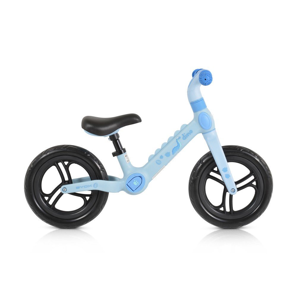 Byox Bicicleta copii fara pedale Dino Blue 12 inch cu sa reglabila anvelope spuma EVA suport pentru picioare pe ambele parti ale cadrului ce se poate plia greutate maxima suportata 50 kg de la 2 ani
