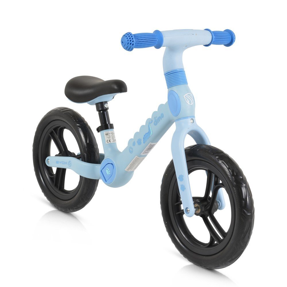 Byox Bicicleta copii fara pedale Dino Blue 12 inch cu sa reglabila anvelope spuma EVA suport pentru picioare pe ambele parti ale cadrului ce se poate plia greutate maxima suportata 50 kg de la 2 ani