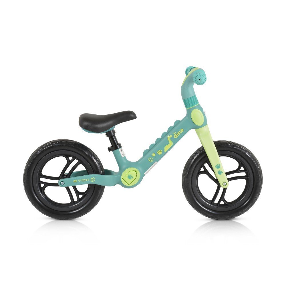 Byox Bicicleta copii fara pedale Dino Green 12 inch cu sa reglabila anvelope spuma EVA suport pentru picioare pe ambele parti ale cadrului ce se poate plia greutate maxima suportata 50 kg de la 2 ani