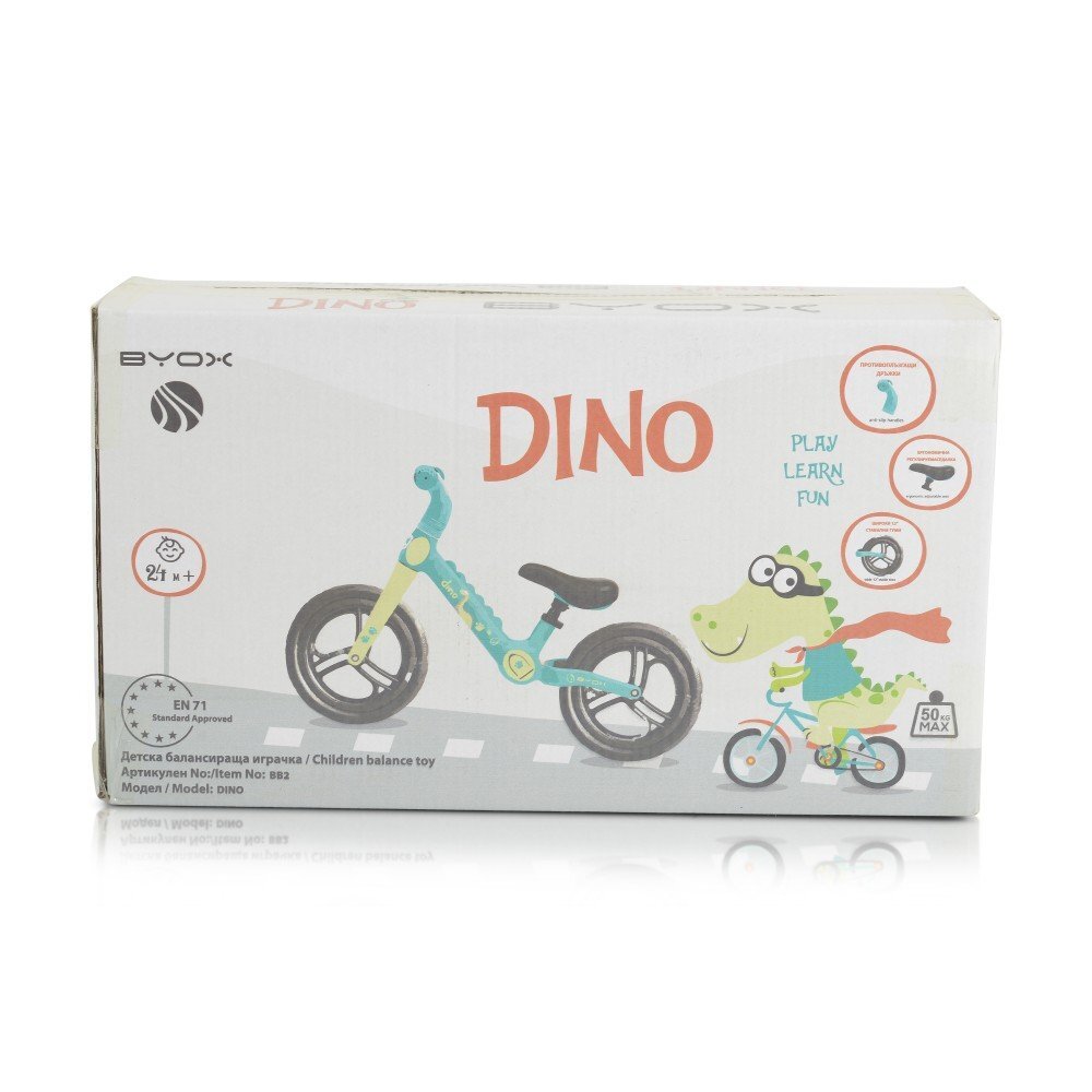 Byox Bicicleta copii fara pedale Dino Green 12 inch cu sa reglabila anvelope spuma EVA suport pentru picioare pe ambele parti ale cadrului ce se poate plia greutate maxima suportata 50 kg de la 2 ani