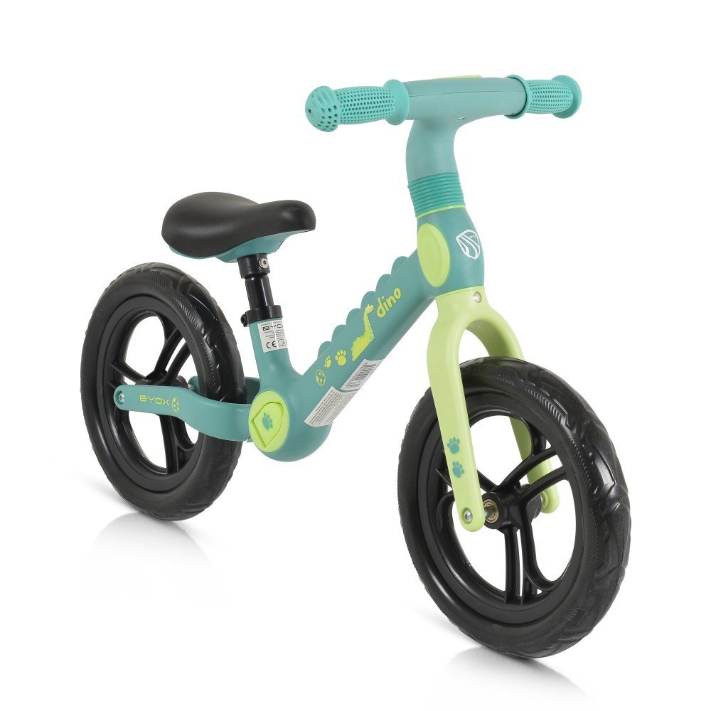 Byox Bicicleta copii fara pedale Dino Green 12 inch cu sa reglabila anvelope spuma EVA suport pentru picioare pe ambele parti ale cadrului ce se poate plia greutate maxima suportata 50 kg de la 2 ani
