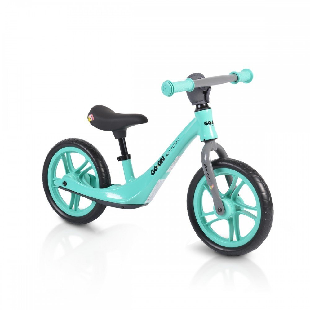 Byox Bicicleta copii fara pedale Go On turquoise 12 inch roti din spuma EVA scaun reglabil 32-41 cm cadru din aliaj de magneziu roti din spuma rezistenta greutate maxima 30 kg