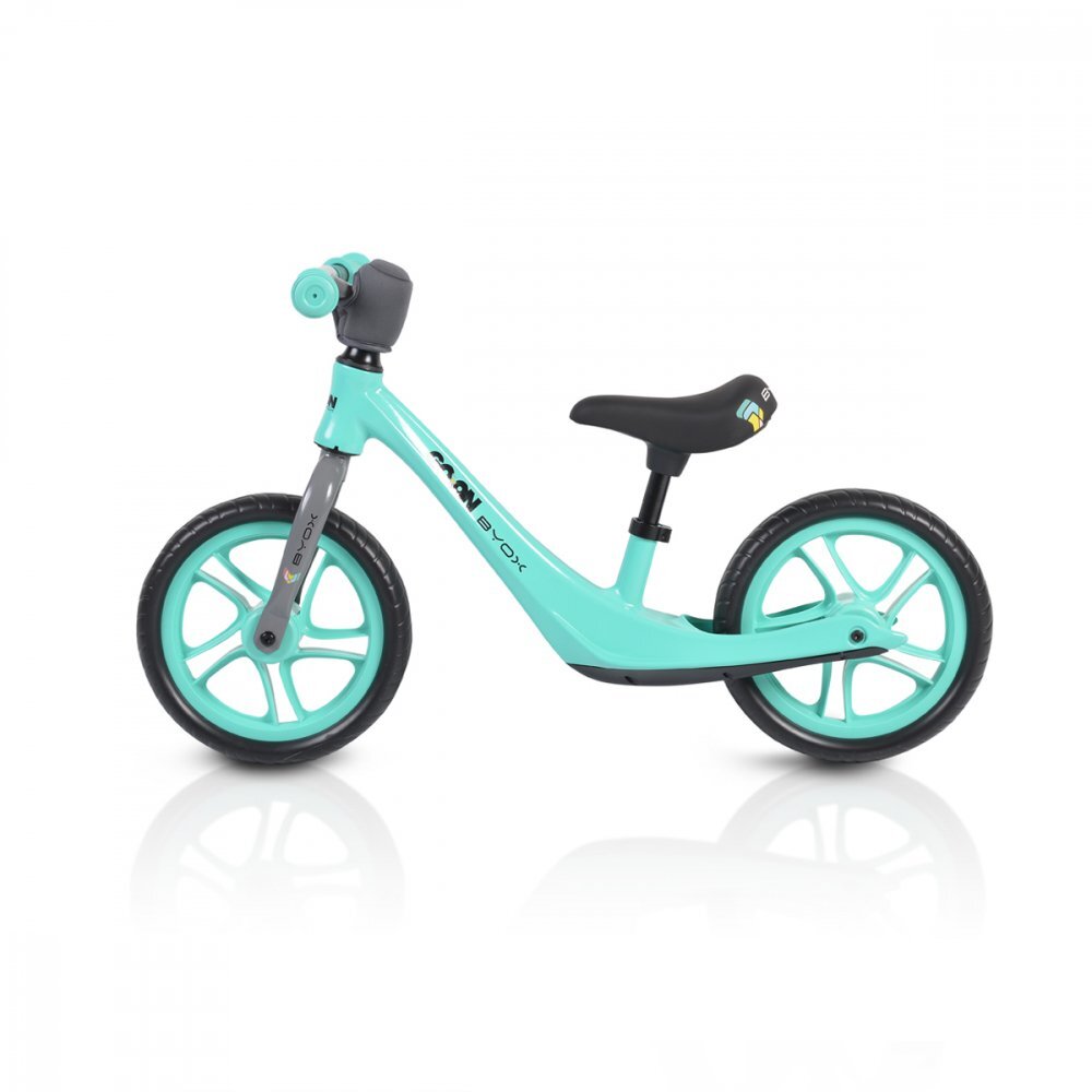 Byox Bicicleta copii fara pedale Go On turquoise 12 inch roti din spuma EVA scaun reglabil 32-41 cm cadru din aliaj de magneziu roti din spuma rezistenta greutate maxima 30 kg