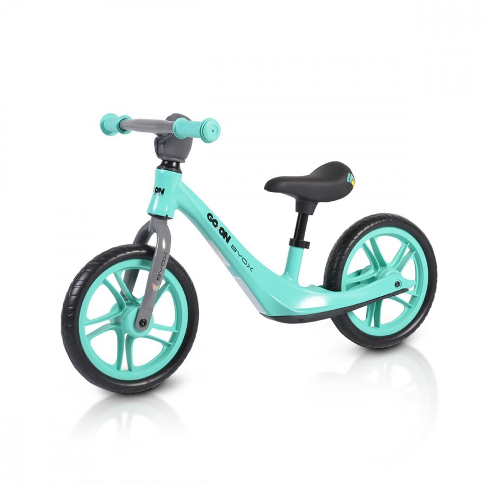 Byox Bicicleta copii fara pedale Go On turquoise 12 inch roti din spuma EVA scaun reglabil 32-41 cm cadru din aliaj de magneziu roti din spuma rezistenta greutate maxima 30 kg