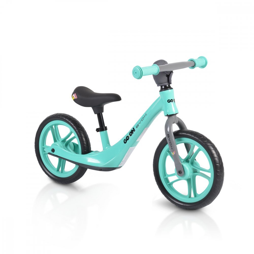 Byox Bicicleta copii fara pedale Go On turquoise 12 inch roti din spuma EVA scaun reglabil 32-41 cm cadru din aliaj de magneziu roti din spuma rezistenta greutate maxima 30 kg
