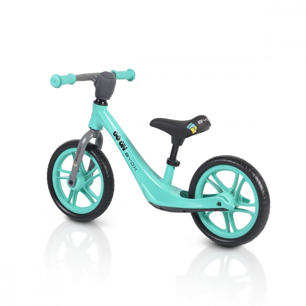 Byox Bicicleta copii fara pedale Go On turquoise 12 inch roti din spuma EVA scaun reglabil 32-41 cm cadru din aliaj de magneziu roti din spuma rezistenta greutate maxima 30 kg