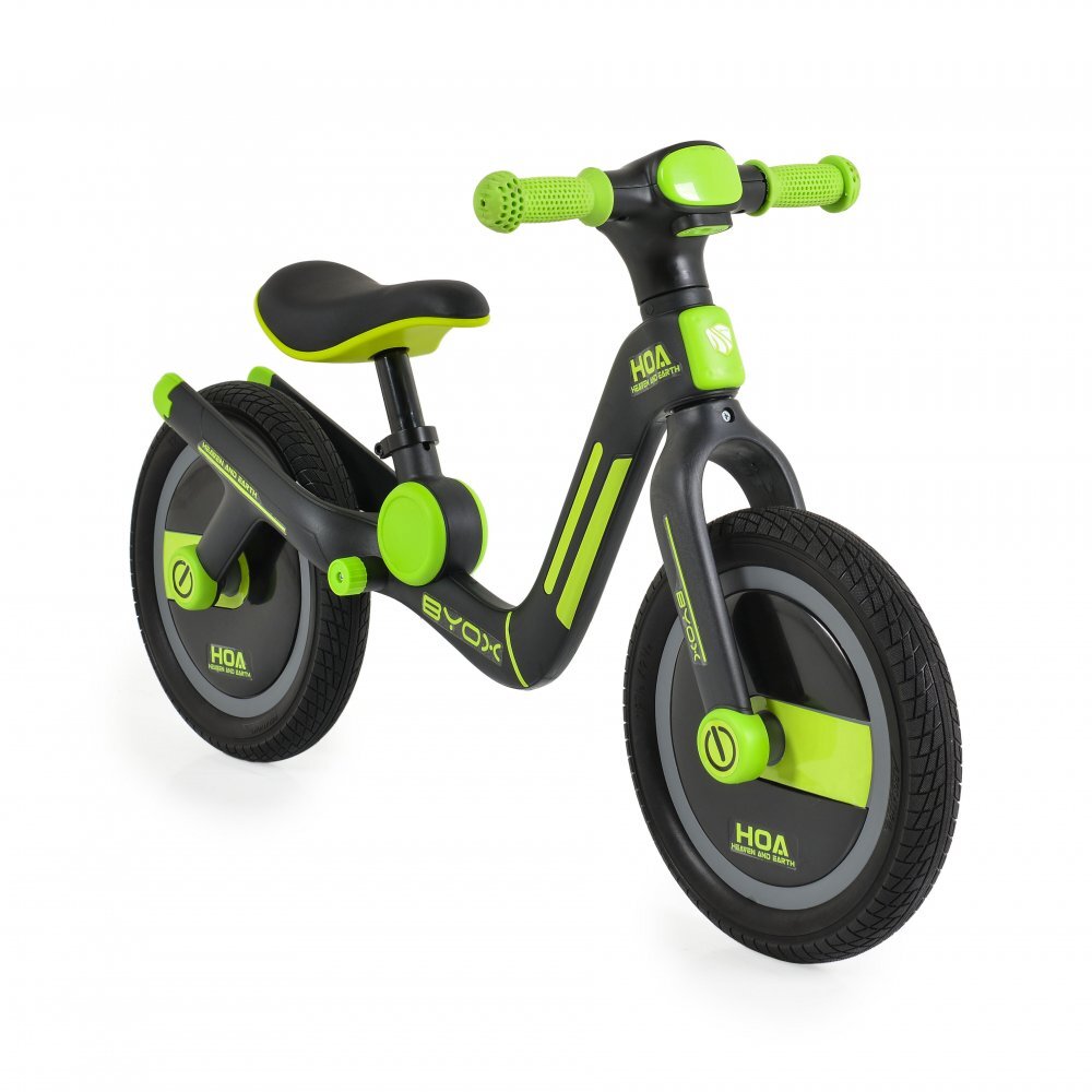 Byox Bicicleta copii fara pedale Harly Green 12 inch de la 2 ani pana la 50 kg scaun moale reglabil de la 33-38 cm anvelope din cauciuc plin manere din cauciuc moale