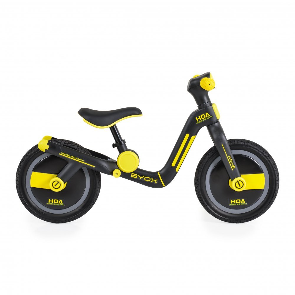 Byox Bicicleta copii fara pedale Harly Yellow 12 inch de la 2 ani pana la 50 kg scaun moale reglabil de la 33-38 cm anvelope din cauciuc plin manere din cauciuc moale