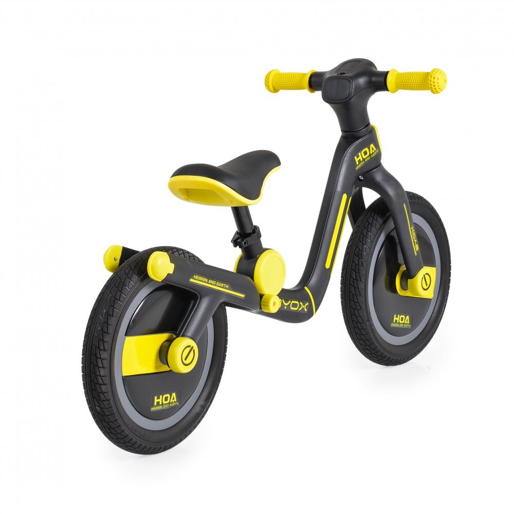 Byox Bicicleta copii fara pedale Harly Yellow 12 inch de la 2 ani pana la 50 kg scaun moale reglabil de la 33-38 cm anvelope din cauciuc plin manere din cauciuc moale