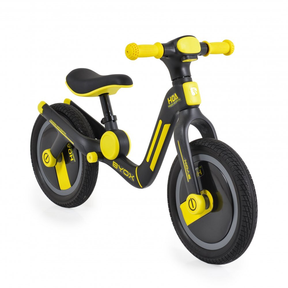 Byox Bicicleta copii fara pedale Harly Yellow 12 inch de la 2 ani pana la 50 kg scaun moale reglabil de la 33-38 cm anvelope din cauciuc plin manere din cauciuc moale