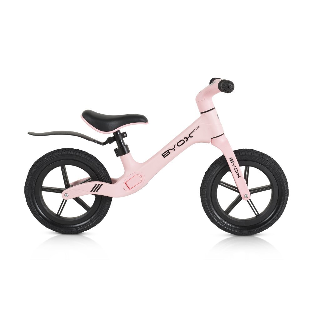 Byox Bicicleta copii fara pedale Next Step Pink 12 inch cu stepper picioare lateral pliabil pentru copiii cu varsta peste 2 ani si cu o greutate maxima de pana la 50 kg scaun reglabil de la 35-41 cm