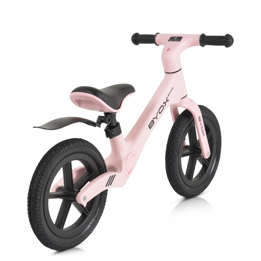 Byox Bicicleta copii fara pedale Next Step Pink 12 inch cu stepper picioare lateral pliabil pentru copiii cu varsta peste 2 ani si cu o greutate maxima de pana la 50 kg scaun reglabil de la 35-41 cm