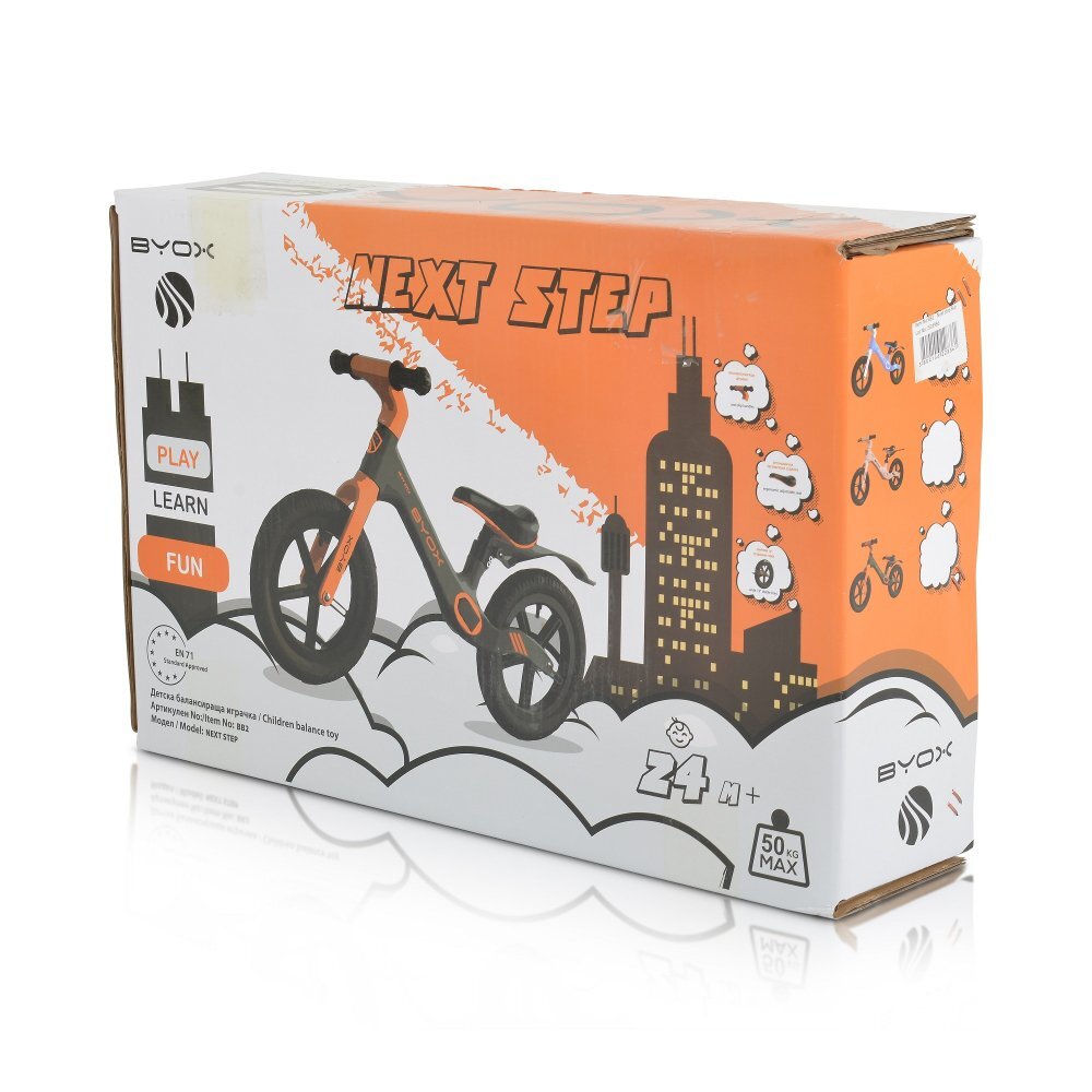 Byox Bicicleta copii fara pedale Next Step Pink 12 inch cu stepper picioare lateral pliabil pentru copiii cu varsta peste 2 ani si cu o greutate maxima de pana la 50 kg scaun reglabil de la 35-41 cm