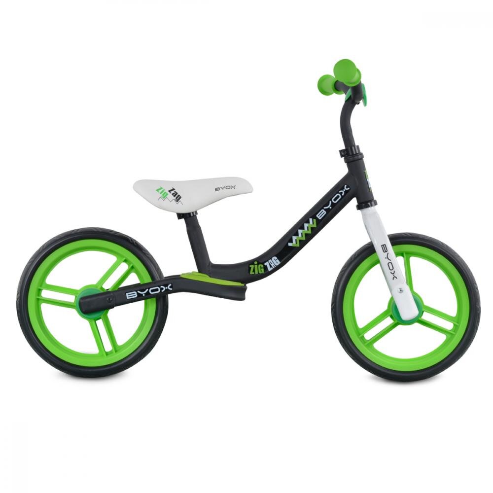 Byox Bicicleta copii fara pedale Zig-Zag Green 12 inch roti din cauciuc EVA scaun ajustabil pe inaltime de la 36 cm pana la 45 cm de la 2 ani pana la greutatea maxima admisa de 20 kg