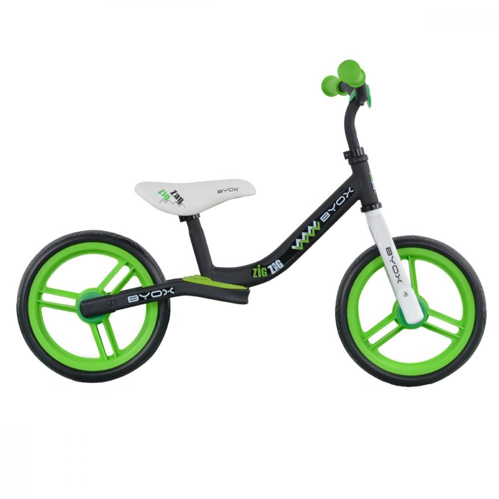 Byox Bicicleta copii fara pedale Zig-Zag Green 12 inch roti din cauciuc EVA scaun ajustabil pe inaltime de la 36 cm pana la 45 cm de la 2 ani pana la greutatea maxima admisa de 20 kg