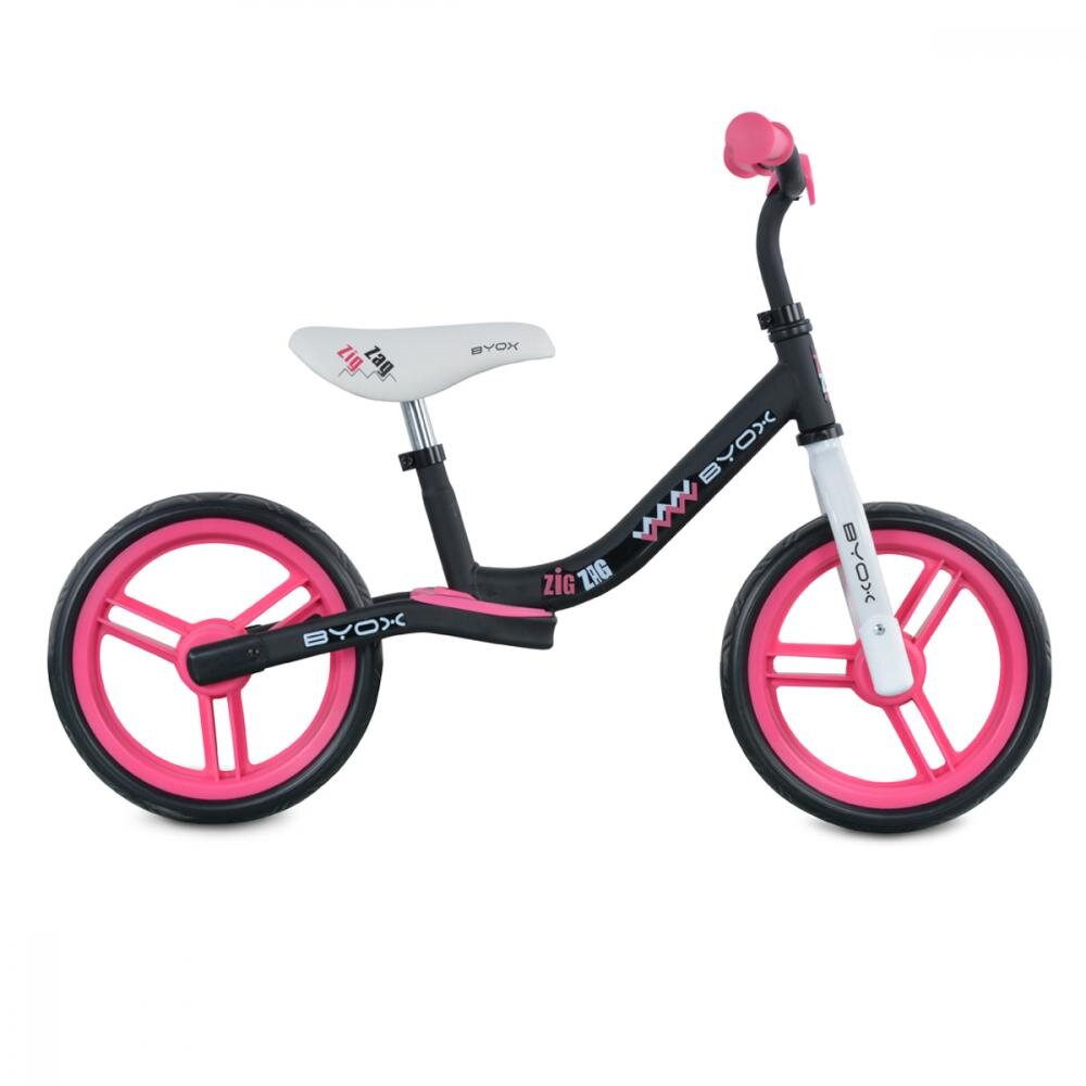 Byox Bicicleta copii fara pedale Zig-Zag Pink 12 inch roti din cauciuc EVA scaun ajustabil pe inaltime de la 36 cm pana la 45 cm de la 2 ani pana la greutatea maxima admisa de 20 kg
