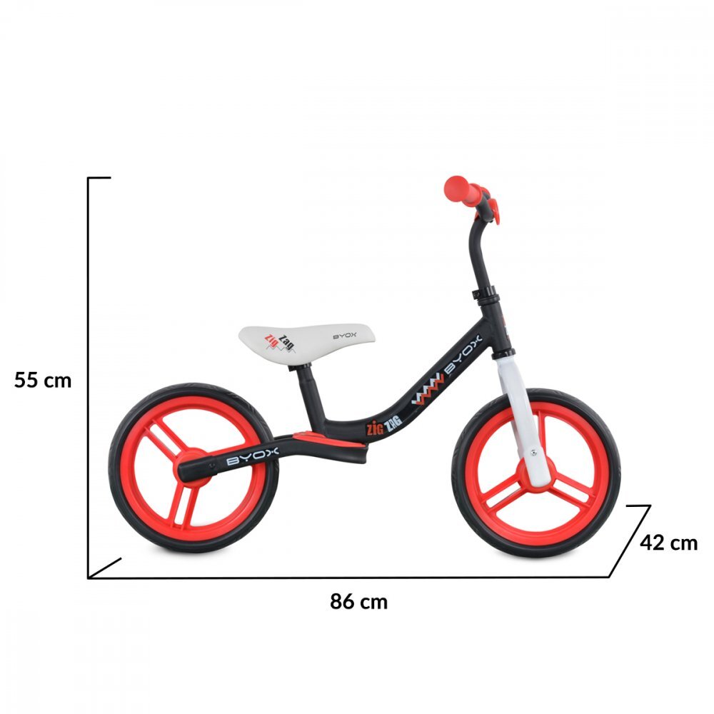 Byox Bicicleta copii fara pedale Zig-Zag Red 12 inch roti din cauciuc EVA scaun ajustabil pe inaltime de la 36 cm pana la 45 cm de la 2 ani pana la greutatea maxima admisa de 20 kg