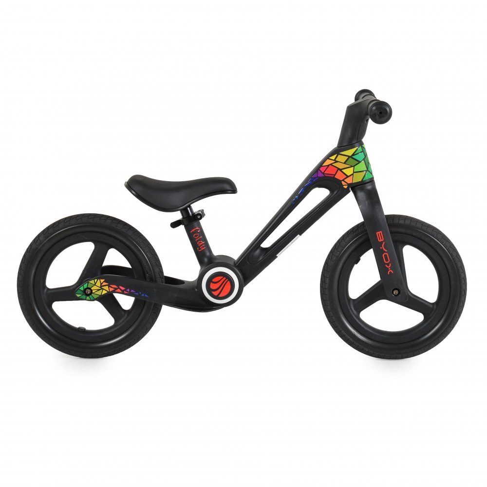 Byox Bicicleta de echilibru fara pedale pentru copii Foldy Black Design pliabil Roti 12 inch din PU rezistent Sezut ergonomic reglabil Manere confortabile antiderapante Varsta recomandata 2ani+