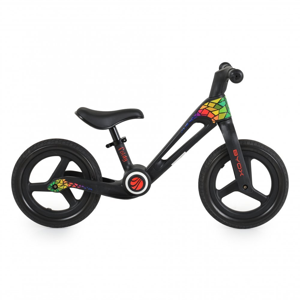 Byox Bicicleta de echilibru fara pedale pentru copii Foldy Black Design pliabil Roti 12 inch din PU rezistent Sezut ergonomic reglabil Manere confortabile antiderapante Varsta recomandata 2ani+