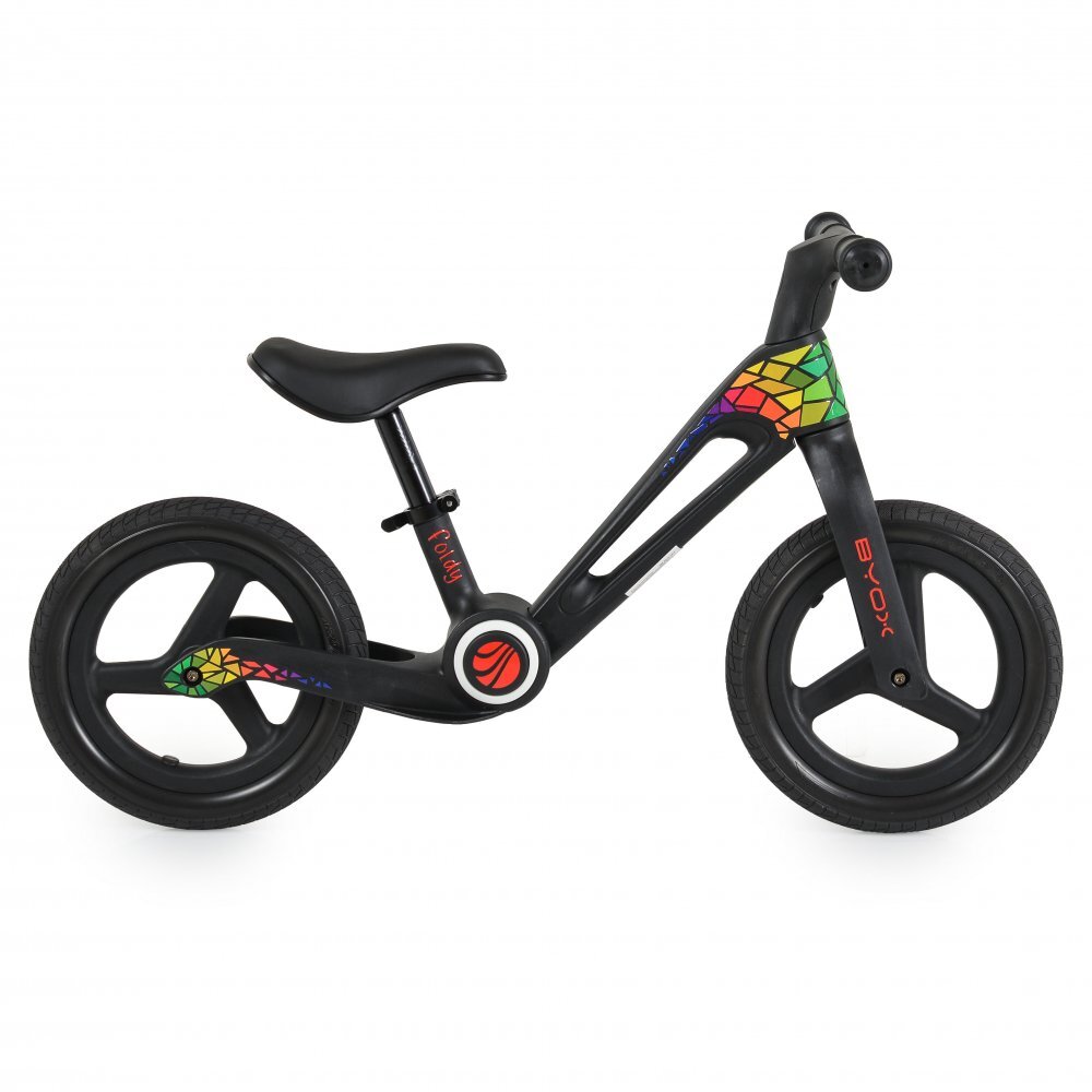Byox Bicicleta de echilibru fara pedale pentru copii Foldy Black Design pliabil Roti 12 inch din PU rezistent Sezut ergonomic reglabil Manere confortabile antiderapante Varsta recomandata 2ani+