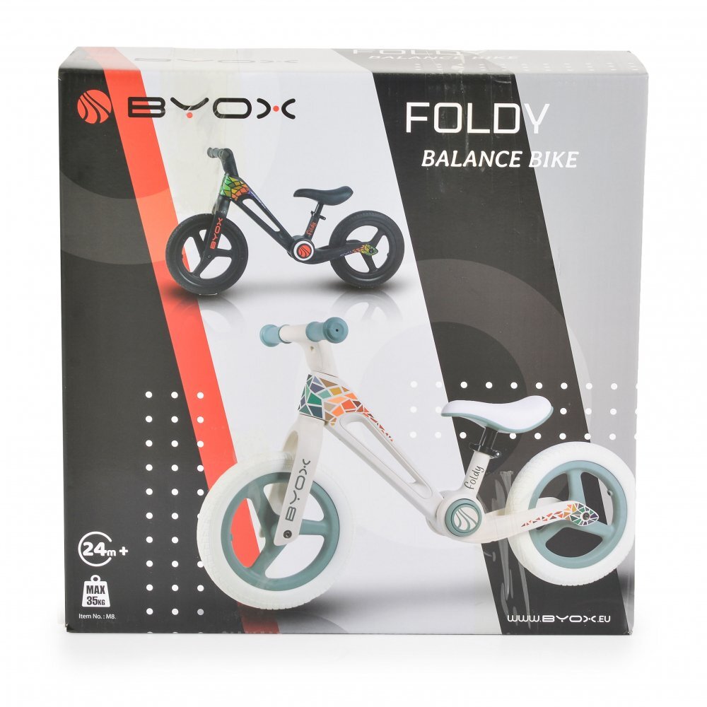 Byox Bicicleta de echilibru fara pedale pentru copii Foldy Black Design pliabil Roti 12 inch din PU rezistent Sezut ergonomic reglabil Manere confortabile antiderapante Varsta recomandata 2ani+