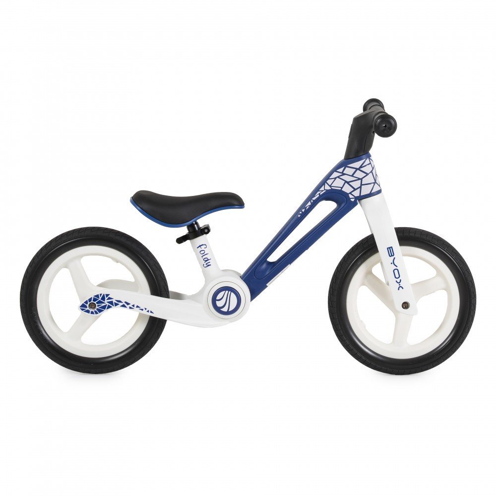 Byox Bicicleta de echilibru fara pedale pentru copii Foldy Blue Design pliabil Roti 12 inch din PU rezistent Sezut ergonomic reglabil Manere confortabile antiderapante Varsta recomandata 2ani+