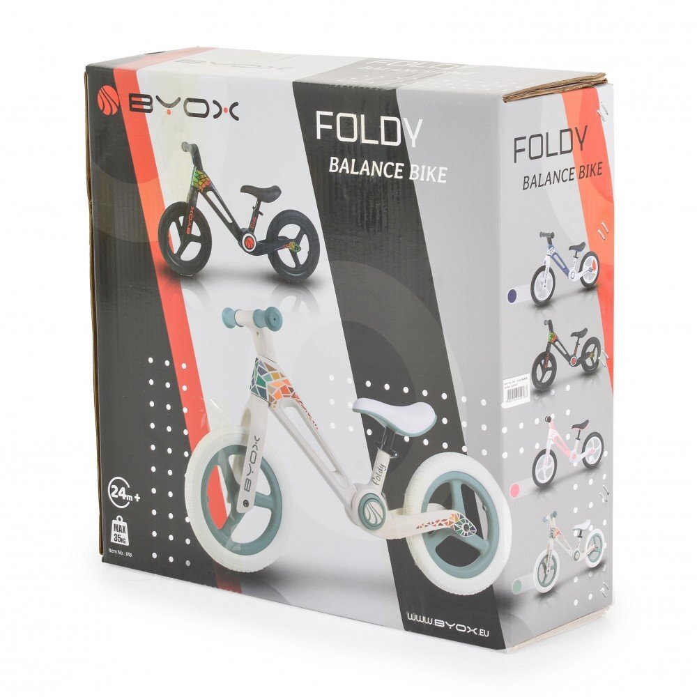 Byox Bicicleta de echilibru fara pedale pentru copii Foldy Blue Design pliabil Roti 12 inch din PU rezistent Sezut ergonomic reglabil Manere confortabile antiderapante Varsta recomandata 2ani+