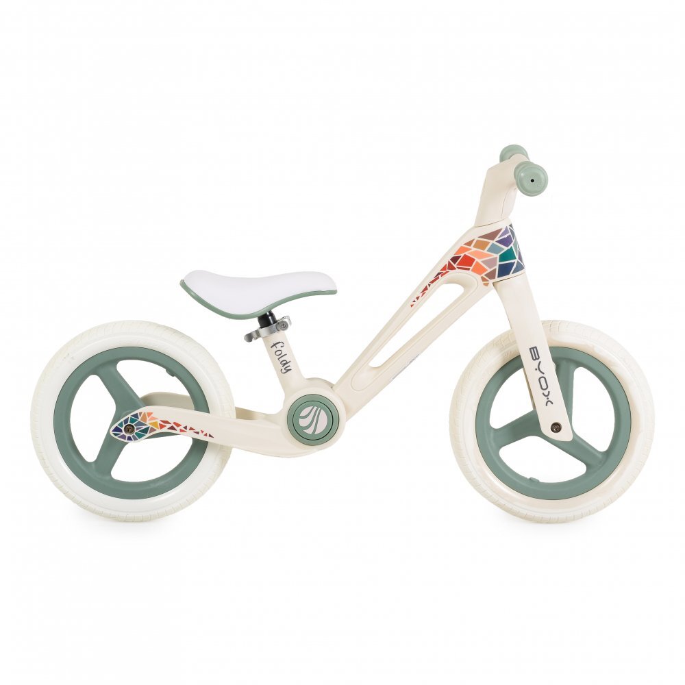 Byox Bicicleta de echilibru fara pedale pentru copii Foldy Green Design pliabil Roti 12 inch din PU rezistent Sezut ergonomic reglabil Manere confortabile antiderapante Varsta recomandata 2ani+