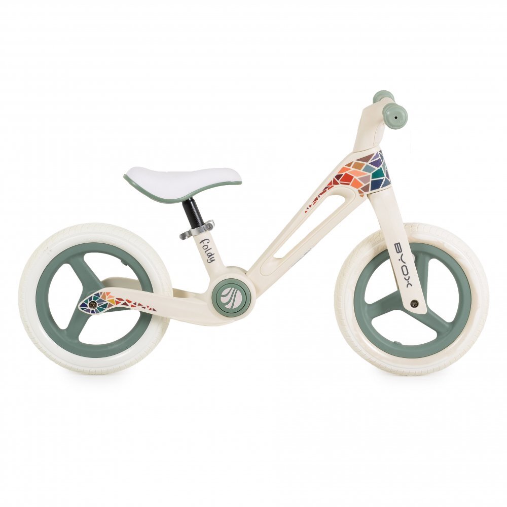 Byox Bicicleta de echilibru fara pedale pentru copii Foldy Green Design pliabil Roti 12 inch din PU rezistent Sezut ergonomic reglabil Manere confortabile antiderapante Varsta recomandata 2ani+