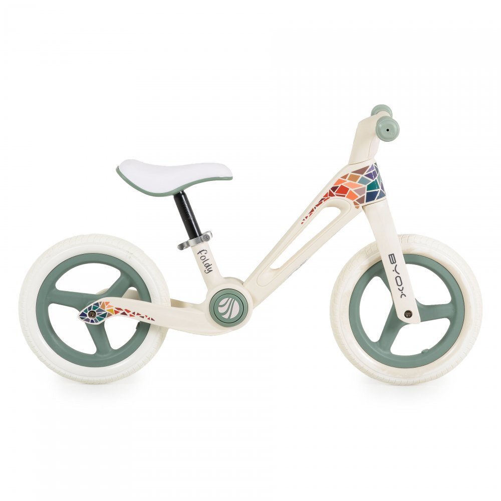 Byox Bicicleta de echilibru fara pedale pentru copii Foldy Green Design pliabil Roti 12 inch din PU rezistent Sezut ergonomic reglabil Manere confortabile antiderapante Varsta recomandata 2ani+