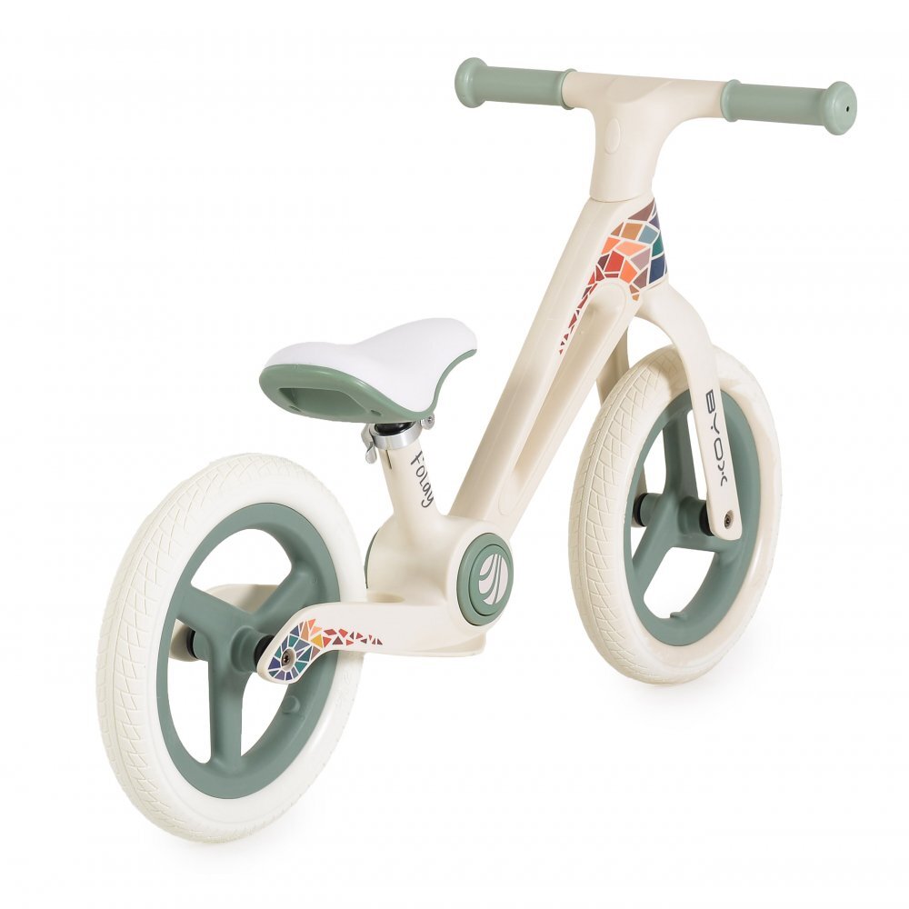 Byox Bicicleta de echilibru fara pedale pentru copii Foldy Green Design pliabil Roti 12 inch din PU rezistent Sezut ergonomic reglabil Manere confortabile antiderapante Varsta recomandata 2ani+
