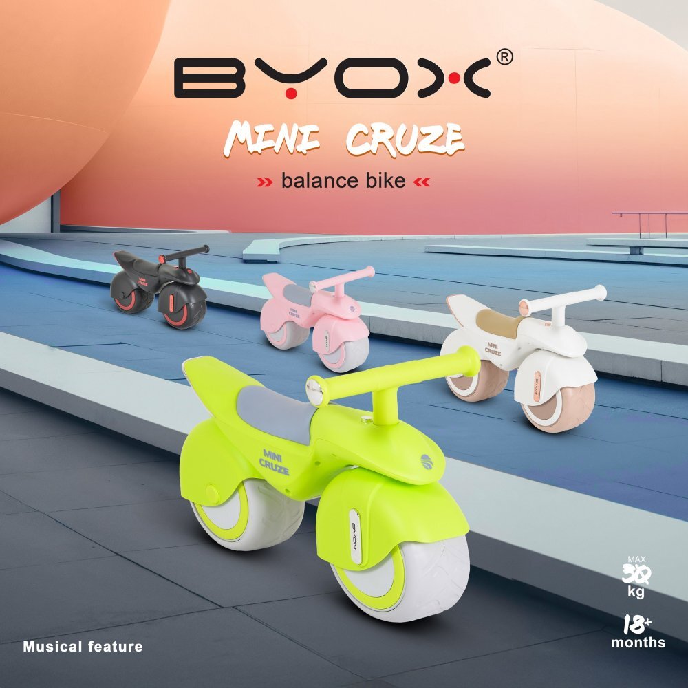Byox Bicicleta fara pedale Ride On Mini Cruze Green cu muzica Roti EVA late si stabile cu rulment Sezut ergonomic din piele Design compact Manere ergonomice Recomandata de la 18 luni Greutate admisa 30 kg