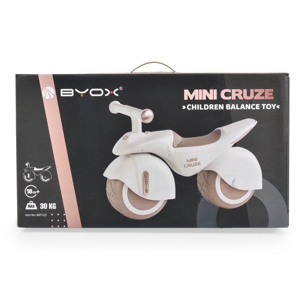 Byox Bicicleta fara pedale Ride On Mini Cruze White cu muzica Roti EVA late si stabile cu rulment Sezut ergonomic din piele Design compact Manere ergonomice Recomandata de la 18 luni Greutate admisa 30 kg