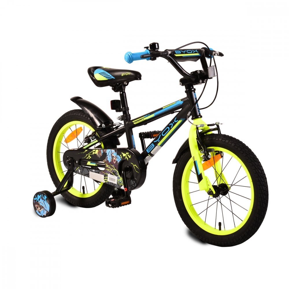 Byox Bicicleta pentru baieti Monster Black 16 inch varsta 4-6 ani frana de mana pe ambele roti claxon scaun si ghidon reglabile pe inaltime roti ajutatoare