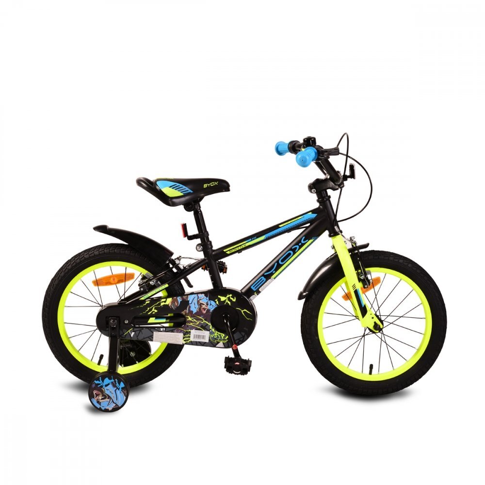 Byox Bicicleta pentru baieti Monster Black 16 inch varsta 4-6 ani frana de mana pe ambele roti claxon scaun si ghidon reglabile pe inaltime roti ajutatoare