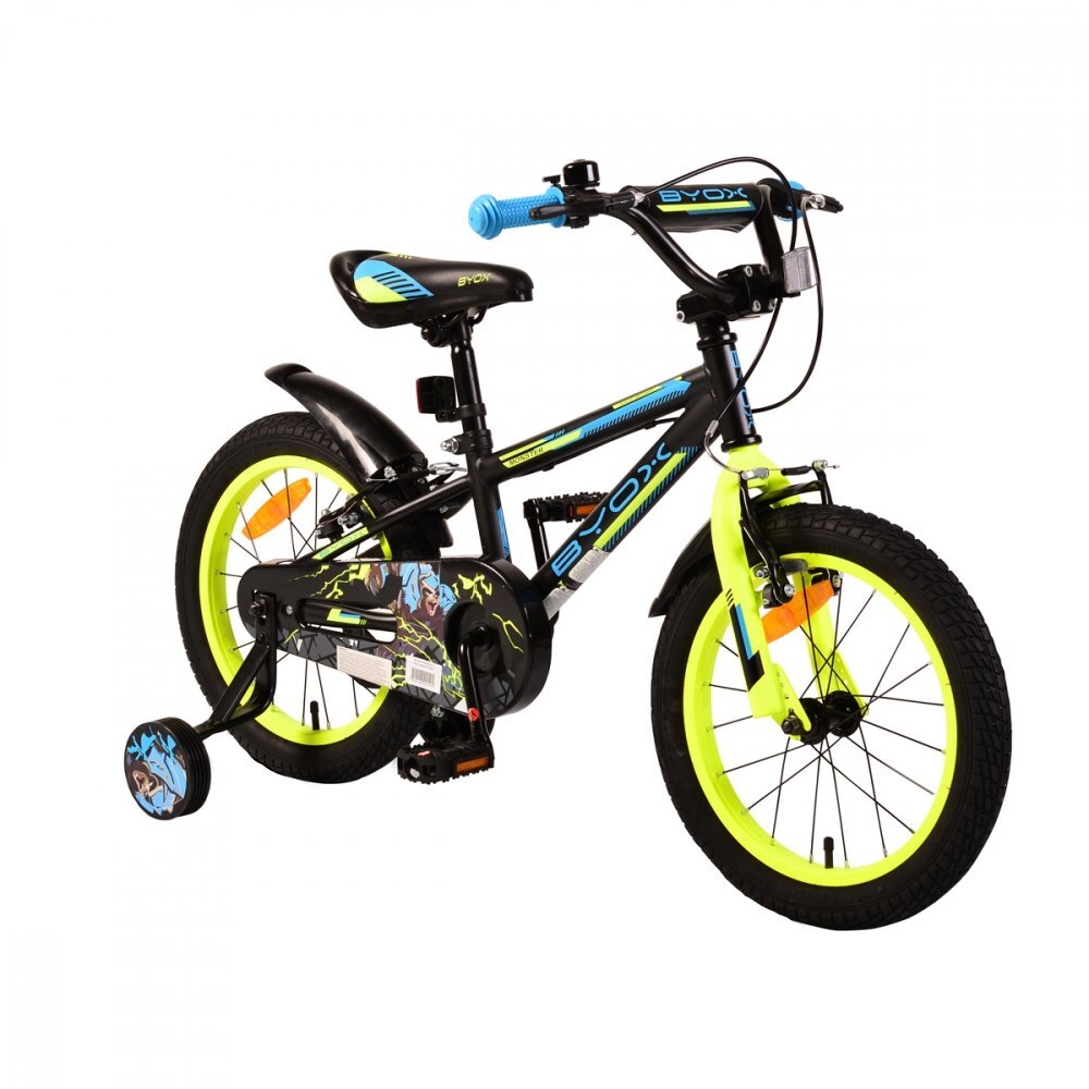 Byox Bicicleta pentru baieti Monster Black 16 inch varsta 4-6 ani frana de mana pe ambele roti claxon scaun si ghidon reglabile pe inaltime roti ajutatoare