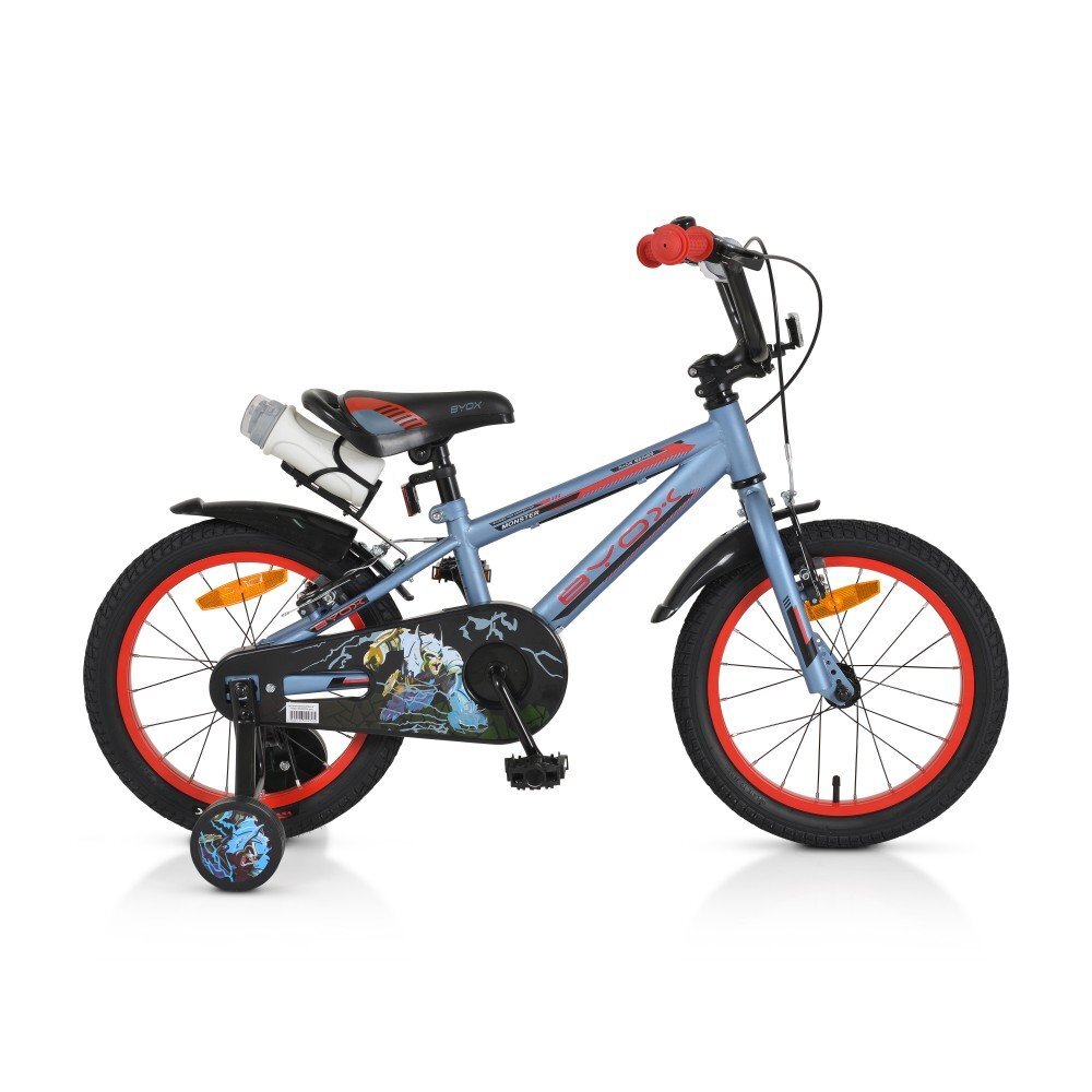 Byox Bicicleta pentru baieti Monster Grey 16 inch varsta 4-6 ani frana de mana pe ambele roti claxon scaun si ghidon reglabile pe inaltime roti ajutatoare