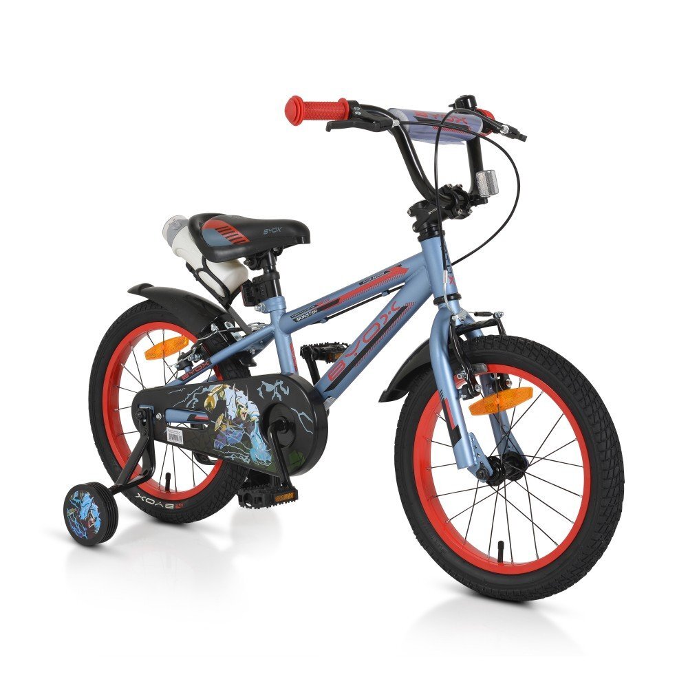 Byox Bicicleta pentru baieti Monster Grey 16 inch varsta 4-6 ani frana de mana pe ambele roti claxon scaun si ghidon reglabile pe inaltime roti ajutatoare