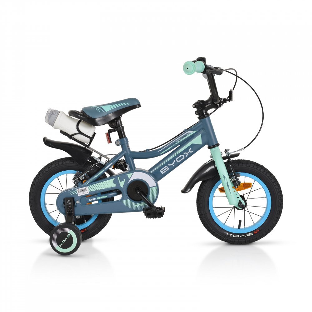 Byox Bicicleta pentru copii Prince 12 inch Grey varsta 3-4 ani frana de mana pe ambele roti scaun si ghidon reglabile pe inaltime roti ajutatoare detasabile