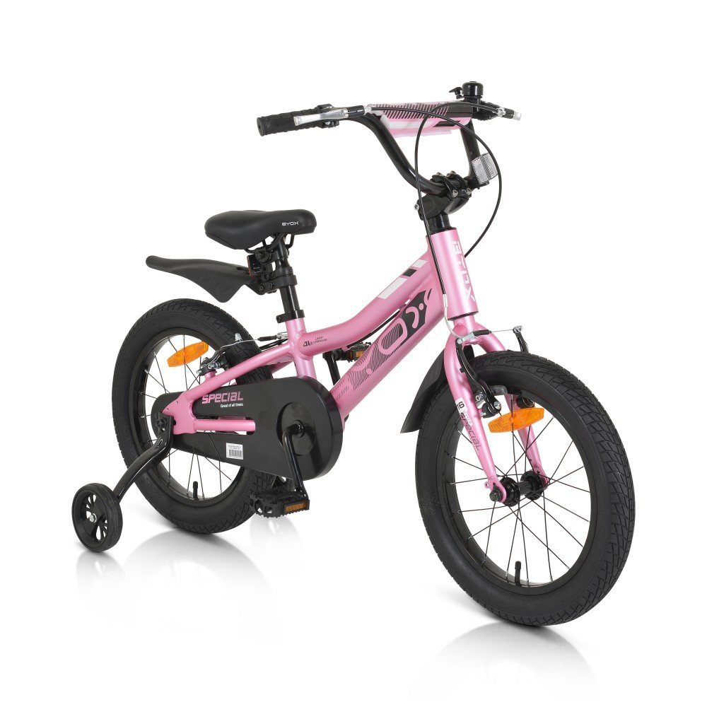 Byox Bicicleta pentru copii Special Pink 16 inch roti ajutatoare detasabile scaun si ghidon reglabile pe inaltime varsta 4-6 ani inaltimea 100-120 cm frana de mana pe ambele roti claxon inclus