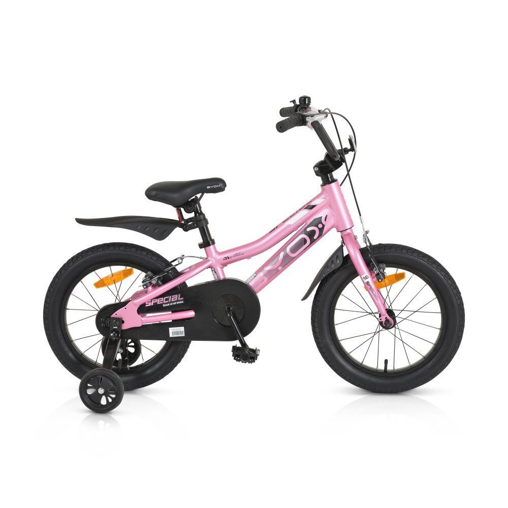 Byox Bicicleta pentru copii Special Pink 16 inch roti ajutatoare detasabile scaun si ghidon reglabile pe inaltime varsta 4-6 ani inaltimea 100-120 cm frana de mana pe ambele roti claxon inclus
