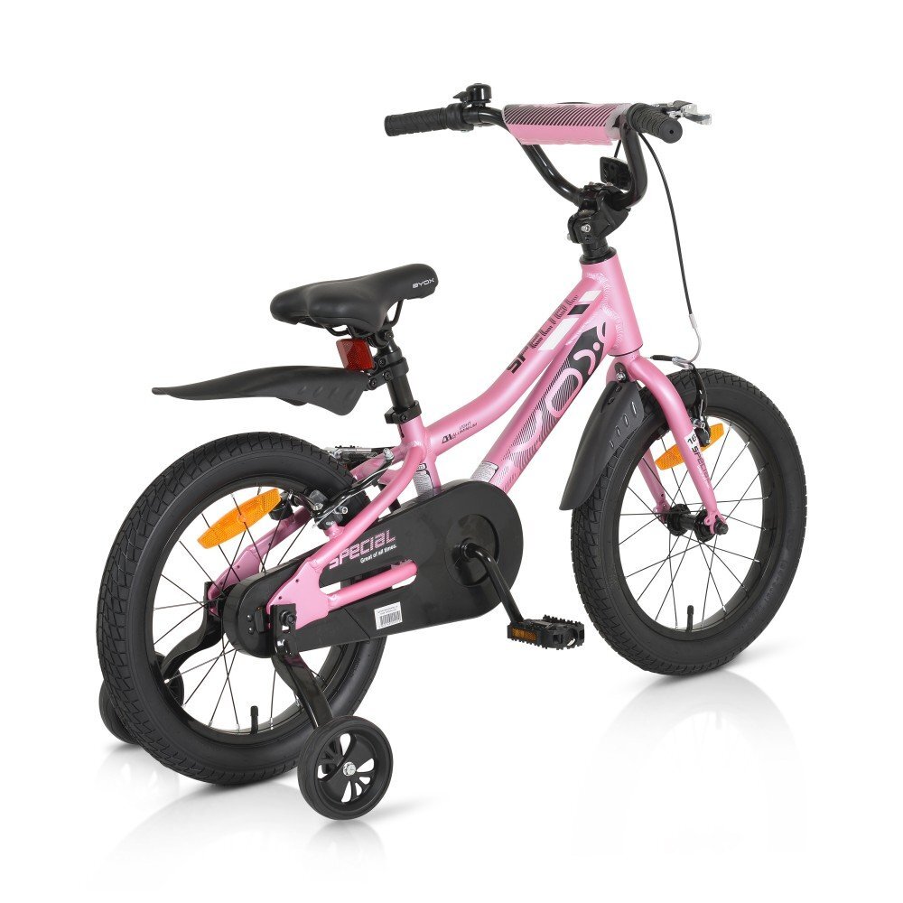 Byox Bicicleta pentru copii Special Pink 16 inch roti ajutatoare detasabile scaun si ghidon reglabile pe inaltime varsta 4-6 ani inaltimea 100-120 cm frana de mana pe ambele roti claxon inclus