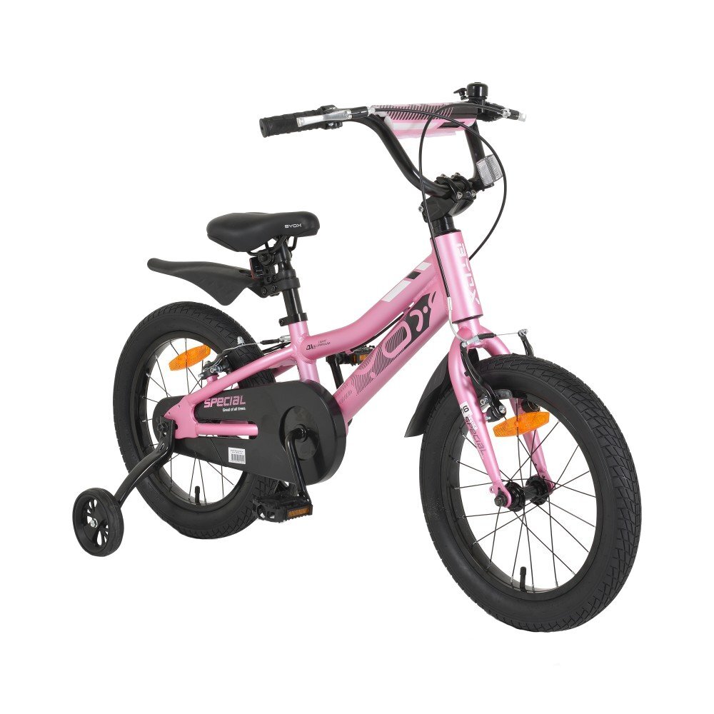 Byox Bicicleta pentru copii Special Pink 16 inch roti ajutatoare detasabile scaun si ghidon reglabile pe inaltime varsta 4-6 ani inaltimea 100-120 cm frana de mana pe ambele roti claxon inclus